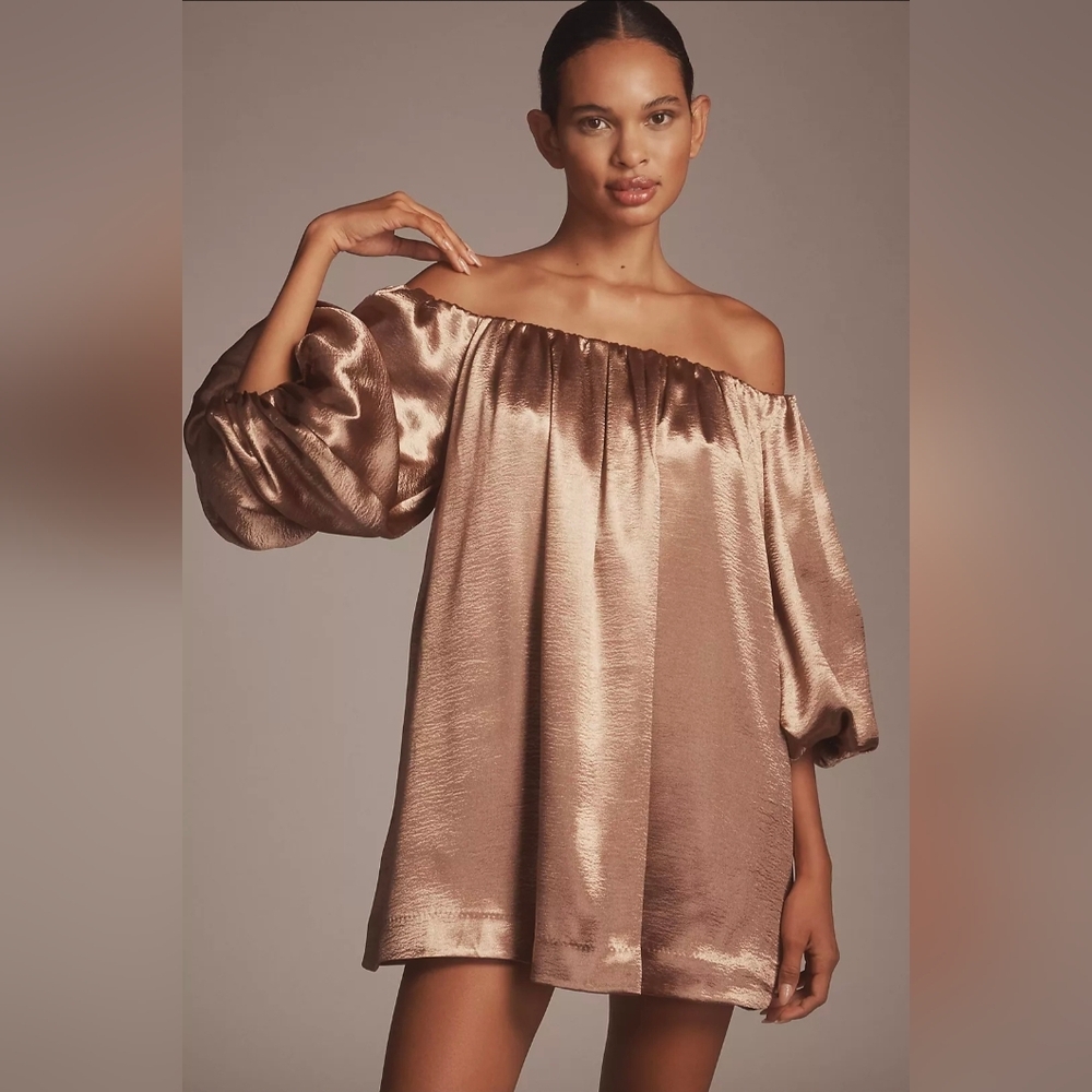 Anthropologie Mare Mare Off-The-Shoulder Puff-Sleeve Shine Mini Dress In Mocha